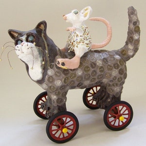 RATZ N' KATZ Mosaic Cat Sculpture on Wheels , cat and mouse, whimsical cat, cat on wheels, cat and rat, ceramic cat, mosaic cat image 4