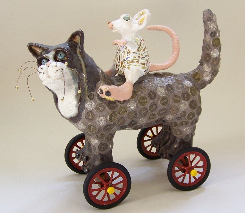 RATZ N' KATZ Mosaic Cat Sculpture on Wheels , cat and mouse, whimsical cat, cat on wheels, cat and rat, ceramic cat, mosaic cat image 4