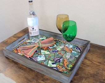 Tile serving tray, food tray, beverage tray, wood and tile tray, coffee serving tray, rectangle serving tray