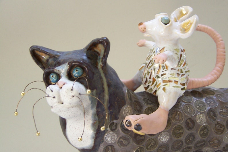 RATZ N' KATZ Mosaic Cat Sculpture on Wheels , cat and mouse, whimsical cat, cat on wheels, cat and rat, ceramic cat, mosaic cat image 3