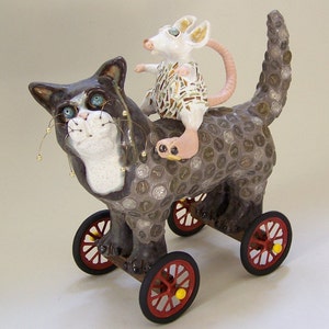 RATZ N' KATZ Mosaic Cat Sculpture on Wheels , cat and mouse, whimsical cat, cat on wheels, cat and rat, ceramic cat, mosaic cat image 1