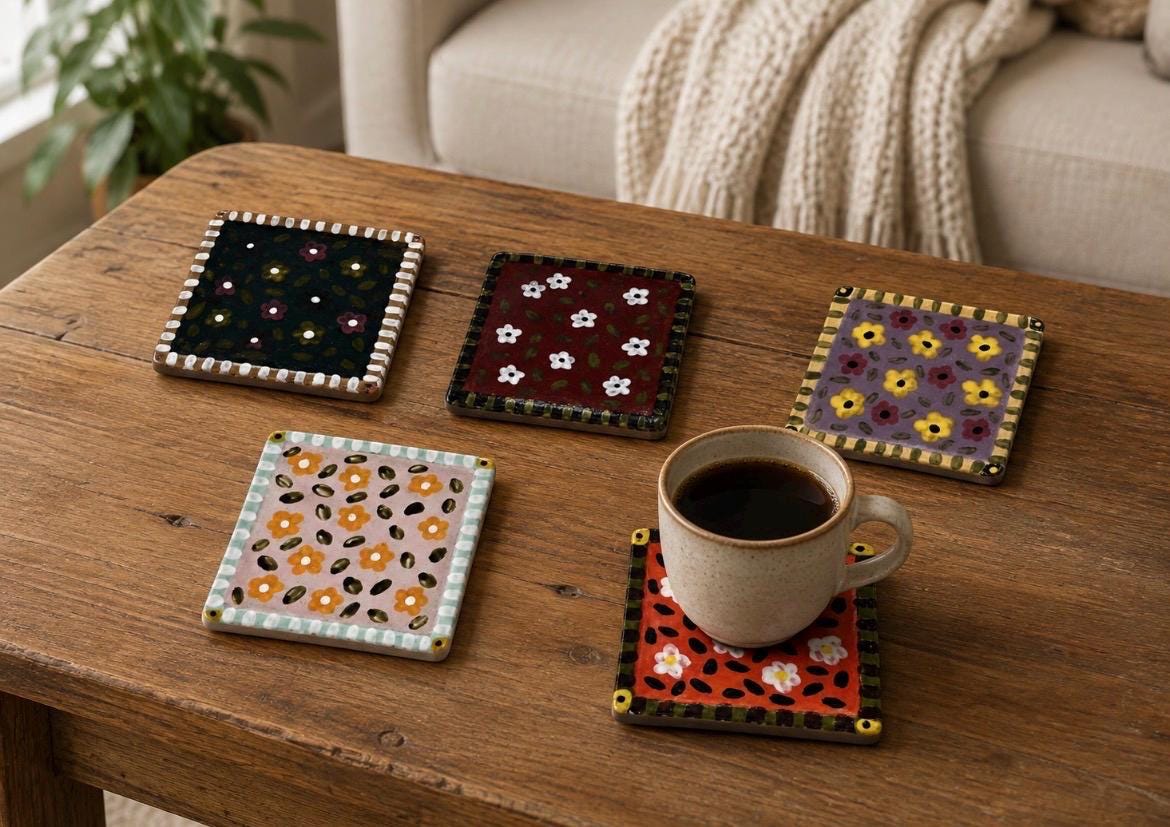 Hand painted ceramic coaster set, flower coaster set, pottery coaster set of 5, square whimsical ceramic coaster, pottery flower coaster set