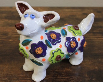 Flower dog, ceramic dog, canine art, dog and flowers, dog art, standing dog, white dog