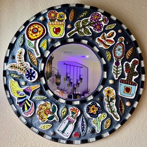 handmade mosaic mirror, whimsical mirror, artful mirror, tile mirror, unique mirror, playful mirror, home decor, unique gift, round mirror