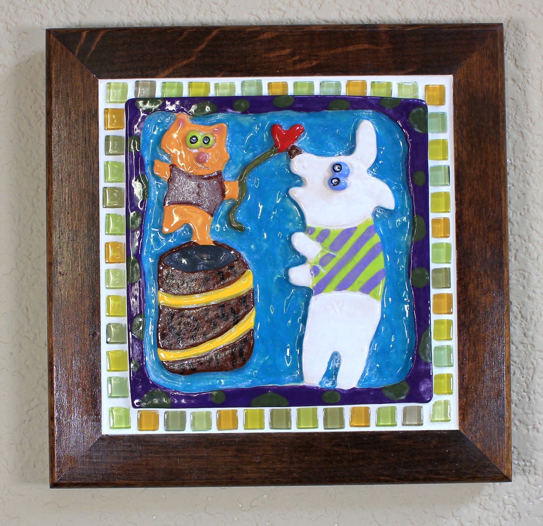 Dog and Cat Tile, Ceramic Animal Tile, Wall Tile, Art Tile, Handmade