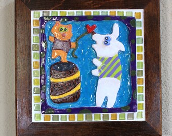 Dog and cat tile, ceramic animal tile, wall tile, art tile, handmade tile, pottery tile, dog tile, cat tile, whimsical tile