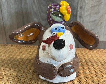 Brown dog with bird and flower pot, Brown and white dog, red bird and dog, ceramic dog art, handmade dog gift, dog mom gift, unique dog gift