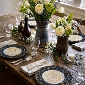 May include: A dining table setting featuring dark blue and gold patterned ceramic plates, clear glass goblets, silver cutlery, and linen napkins. Two ceramic vases hold arrangements of white tulips, ranunculus, and green foliage.
