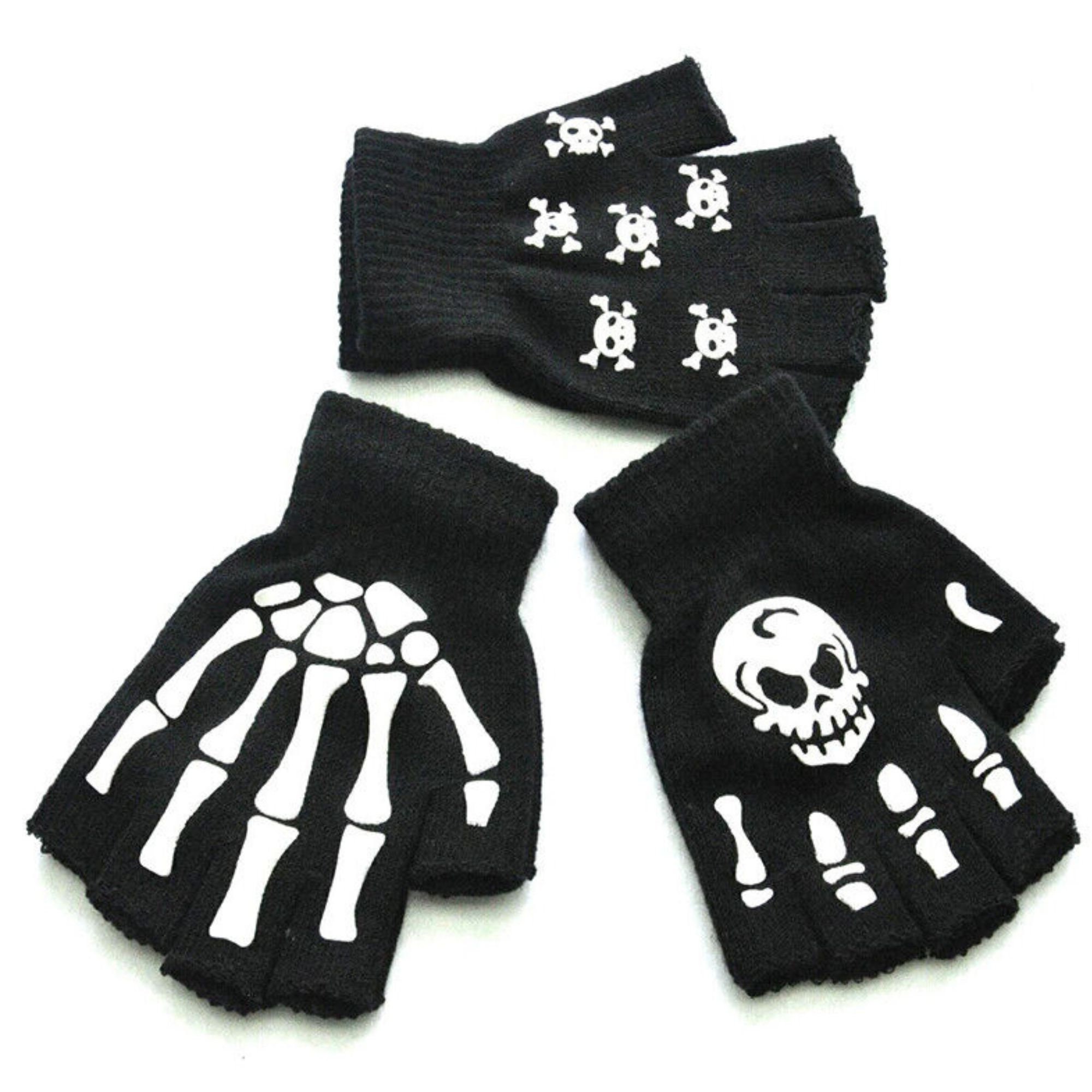 FFtto Skeleton Gloves Stretchy Fingerless Hand Warmer Skeleton Pattern Gloves Winter Warm Luminous Gloves and Skull Face Mask Black 