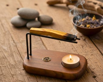 Walnut Wood Palo Santo Holder - Incense & Candle Burner with Booklet