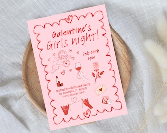 Invitación para la noche de chicas de Galentines, invitación para la fiesta de Galentines, parte delantera y trasera, invitación descargable femenina, invitación personalizable en rosa y rojo