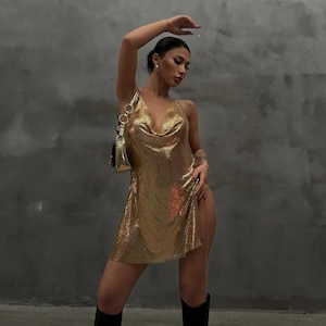 Gold Metallic Chainmail Mini Dress, Backless Halter Neck Party Dress, Festival Clubwear Outfit, Birthday Dress, Shiny Y2K Style, rave
