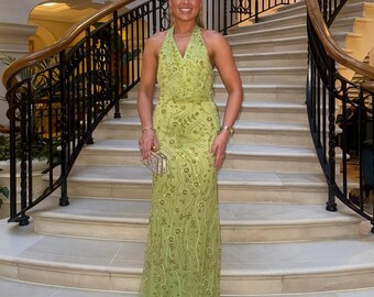 Robe vert citron, robe de soirée verte, robe à sequins et perles, tenue scintillante, robe de cérémonie, robe de bal, robe d'invitée à un mariage, robe dos nu