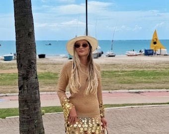 Mini-robe en tricot à manches longues et sequins, mini-robe scintillante beige kaki, tenues de villégiature, tenues de plage, robe courte années 70