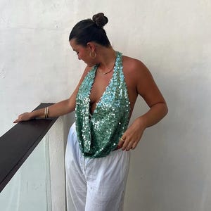 Ibiza Vibes Top, Women's Paillette Sequin Top, Green Sequin Top, Birthday Festival Outfit, Beach Outfit, Sequins Sparkly, Backless Top