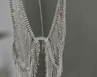 Bikini scintillant, soutien-gorge en strass, haut de bikini chaîne avec perles, bijoux de corps, cropped losanges, haut de bikini en cristal, tenue de festival de musique, haut argenté