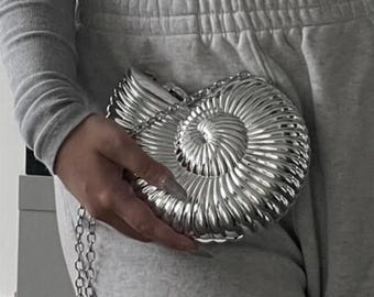 Bolso de mano con forma de concha, bolso de playa, bolso de hombro oceánico, bolso de mano formal, bolso de caracola, bolso de mano dorado y plateado, bolso de noche, bolso de mano para graduación, bolso tote