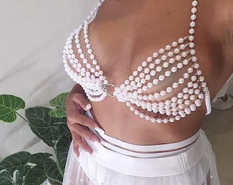 Soutien-gorge en perles, chaîne courte pour le corps en perles, show girl, bijoux de corps, bikini de mariée, jupe en perles, tenue de célibataire pour poule, haut blanc