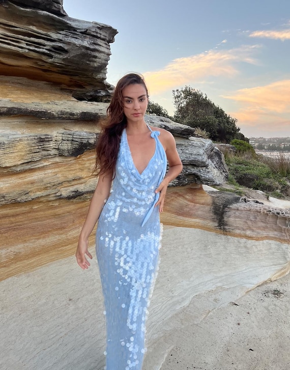 Blue Sequin Maxi Dress, Paillette Sequin Dress, Graduation Gown