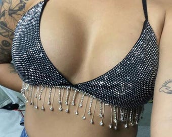 Haut de bikini à sequins, Bikini scintillant, Show girl, Haut de bikini en cristal, Bijoux de corps, Haut de festival, Tenue de rave, Soutien-gorge à strass, Soutien-gorge à sequins