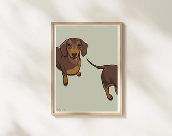 May include: Framed art print featuring two brown dachshunds on a light green background. The dachshunds are depicted in a cartoon style, with one dog facing forward and the other partially visible. The print is in a wooden frame.
