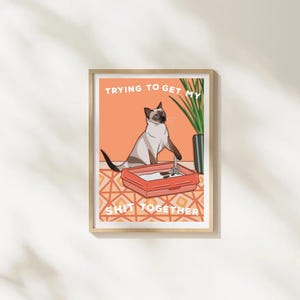 May include: Framed art print featuring a Siamese cat in a litter box with the text "TRYING TO GET MY SHIT TOGETHER." The cat is beige, brown, and black, set against an orange background with a geometric pattern.