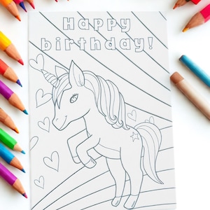 Cartão de feliz aniversário unicórnio para colorir