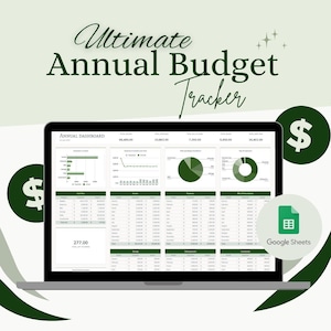 Puede incluir: Una pantalla de computadora portátil que muestra una hoja de cálculo de Google Sheets verde y blanca con el título "Panel de control anual". La hoja de cálculo contiene gráficos y tablas con datos financieros. El texto "Ultimate Annual Budget Tracker" se muestra sobre la pantalla de la computadora portátil. La imagen también incluye un icono de dólar verde.
