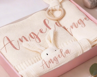 Personalized Newborn Gift, Custom New Baby Gifts Set: Knit Blanket, Bib, Rattle, Towel, Comfort Blanket