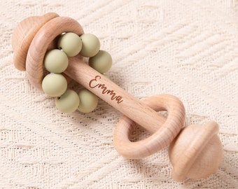 Custom Wooden Rattle, Sensory Toys for Baby, Personalized New Baby Gifts, Baby Shower Gifts, Nephew Gifts, Newborn Gifts, Christmas Gifts