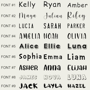May include: A grid of names in various fonts, including Kelly, Ryan, and Amber. The image displays nine different font styles, each showcasing a selection of names. The text "FONT #" precedes each font style.