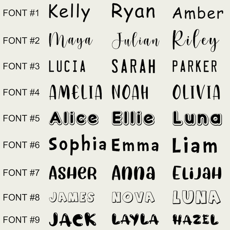 May include: A grid of names in various fonts, including Kelly, Ryan, and Amber. The image displays nine different font styles, each showcasing a selection of names. The text "FONT #" precedes each font style.