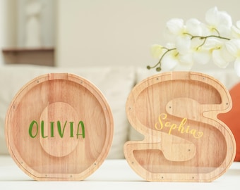 Personalized Piggy Bank for Kids, Wooden Alphabet Letter Bank, Custom Money Box, 1st Birthday Gift for Kids Boy and Girl, Kids Name Gift