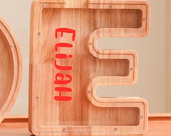 Personalized Wooden Letter Piggy Bank, Kids Money Box, Custom Name Gift for Kids Boy and Girl, First Birthday Gift for Kids, Christmas Gift