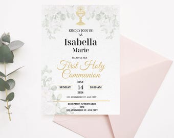 Plantilla de invitación floral para primera comunión: Tarjeta imprimible y editable
