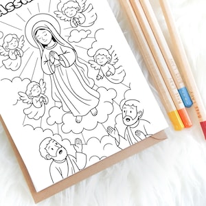 May include: A black and white line drawing of a religious scene featuring a woman surrounded by angels, ascending into the sky. The drawing is on a white card with a brown border. Colored pencils with the text "Boss Lady" are on the right.