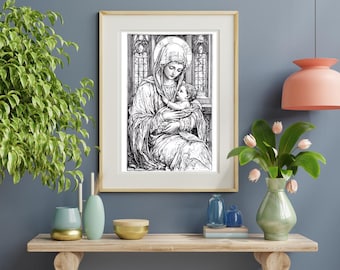 Blessed Virgin Mary and Baby Jesus Sketch Art (JPG File)