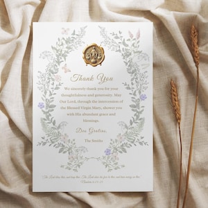 Plantilla de tarjeta de agradecimiento católica editable | Diseño floral de agradecimiento religioso tradicional imprimible | Tarjeta de agradecimiento con versículo bíblico