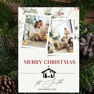 Kerstkaartsjabloon met foto's l Katholieke kerstkaart Bewerkbare foto l Religieuze kerstfotokaart bewerkbaar l Familiefoto