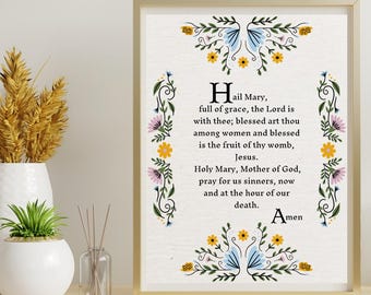 Floral Hail Mary Prayer Print: Catholic Gift (Digital Download)