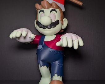 Zombie Mario Figure – Halloween Horror Display with Removable Head & Axe – 14" Tall