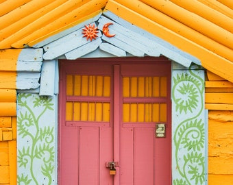 Pink and Yellow Moon and Star Door - Isla Mujeres Photograph - Mexico Travel Art Print - Home Decor Gift