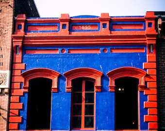 Photograph Red and Blue Old Brick Building in Victoria Canada Travel Art Print Home Decor Gift
