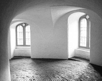 Black and White Minimalist Photograph - Round Tower Danish Architecture - Scandinavian Home Decor