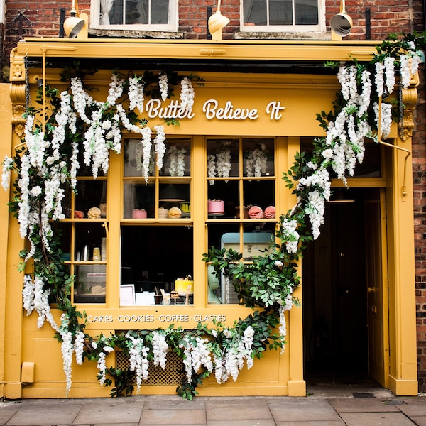 Charming London Bakery with Flowers - Spitalfield Market Photograph  -  UK Travel Art Print - Yellow Home Decor