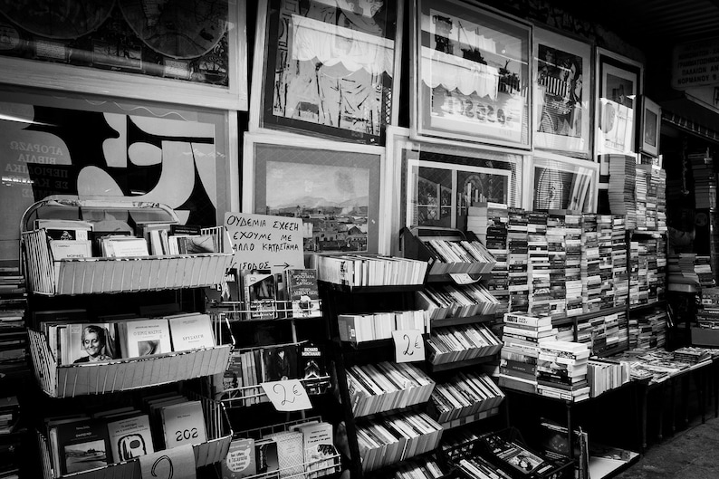 Greek Bookstore Photograph Black and White Art Book Lovers Art Print Library Decor image 1