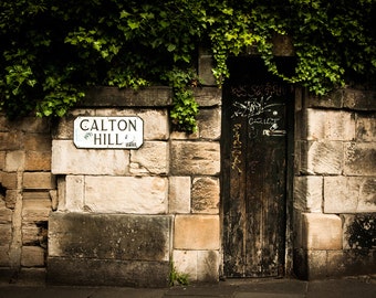 Photograph Historic Calton Hill Sign in Edinburgh Scotland Brown Door and Green Ivy Horizontal Travel Print