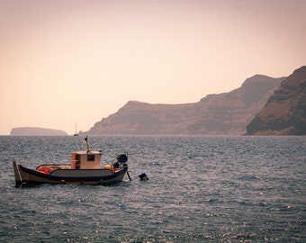 Santorini Greek Islands Photograph - Fishing Boat on Amoudi Bay Water - Blush Pink Skies - Cyclades Mediterranean Travel Art