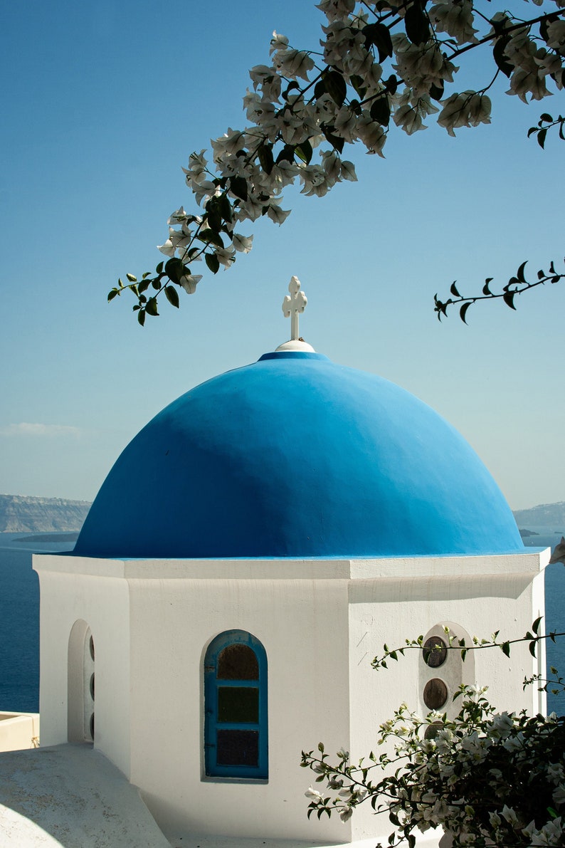 Santorini Photograph Iconic Blue Domes Greek Islands Art Print Greece Travel image 1