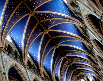 Notre Dame Cathedral - Blue Vaulted Ceiling - Architecture Photograph - Ottawa Canada - Fine Art Print Home Decor